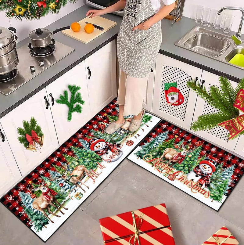 UYDOXCU Merry Christmas Kitchen Rugs and Mats Set of 2, Buffalo Plaid Winter Xmas Holiday Home Kitchen Decor Floor Mats, Washable Non-Slip Sink Carpet (Christmas 2, 17"x47"+17"x30") - Image 3